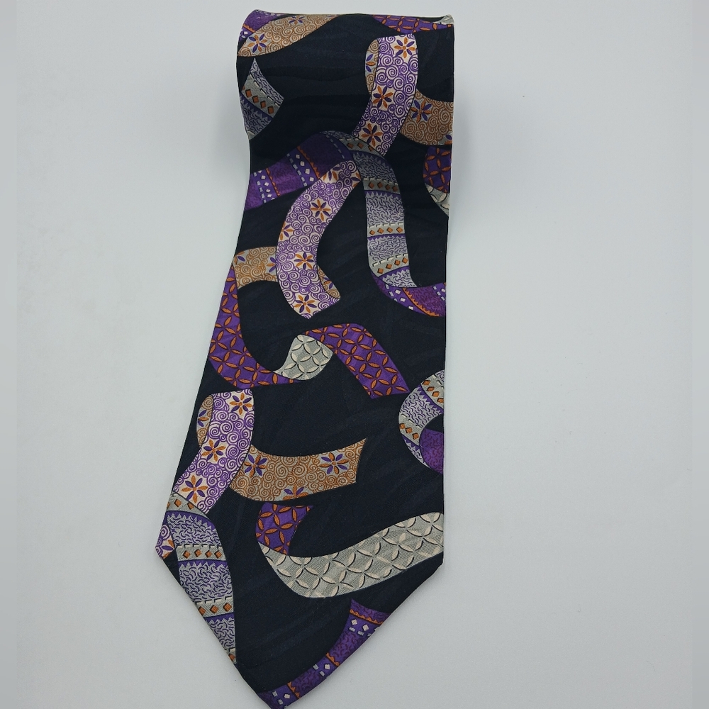 International Collection Silk Black Tie with Purple & Gold Pattern